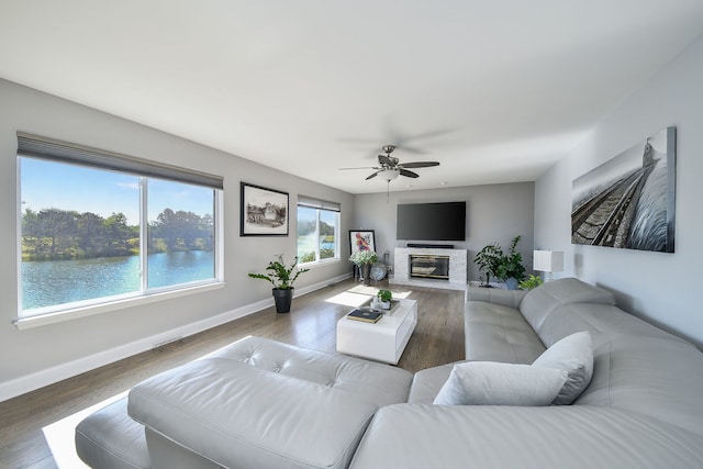 3142 Bennett Pl, Aurora, IL 60502 - living room featuring ceiling fan, wood finished floors, a glass covered fireplace, and a water view
