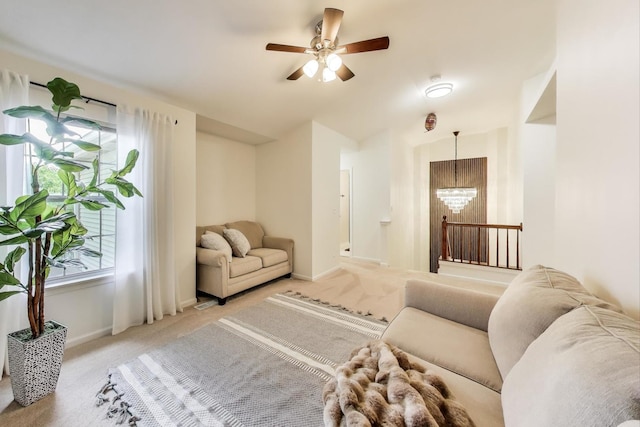 2302 Sandy Creek Dr, Algonquin, IL 60102 - living room with light carpet, a chandelier, vaulted ceiling, and ceiling fan