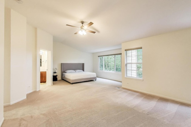 2302 Sandy Creek Dr, Algonquin, IL 60102 - bedroom featuring light carpet, lofted ceiling, ensuite bathroom, and a ceiling fan