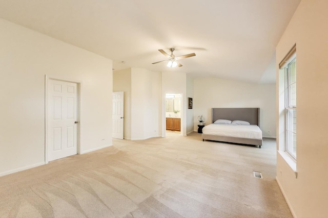 2302 Sandy Creek Dr, Algonquin, IL 60102 - bedroom with light colored carpet, ensuite bathroom, a ceiling fan, and vaulted ceiling