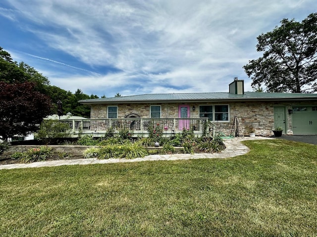 6119 Little Galilee Rd, Clinton, IL 61727 - ranch-style house with stone siding, a chimney, a front lawn, an attached garage, and a standing seam roof