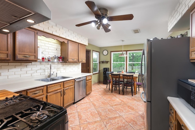 1386 Old Dominion Ct, Naperville, IL 60540 - kitchen featuring appliances with stainless steel finishes, backsplash, a ceiling fan, light countertops, and brown cabinets