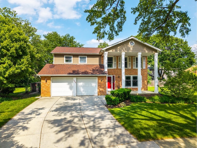 1386 Old Dominion Ct, Naperville, IL 60540 - greek revival house with concrete driveway, brick siding, covered porch, and a front yard