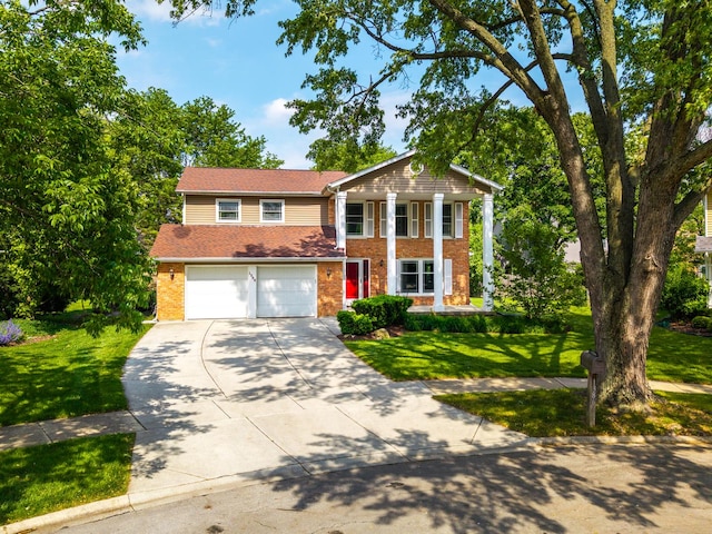 1386 Old Dominion Ct, Naperville, IL 60540 - greek revival inspired property featuring brick siding, driveway, a front lawn, a garage, and roof with shingles