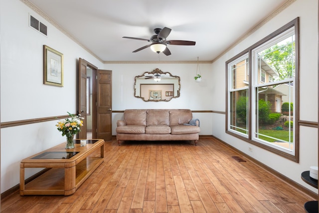 1386 Old Dominion Ct, Naperville, IL 60540 - living area featuring light wood-style floors, ceiling fan, and ornamental molding