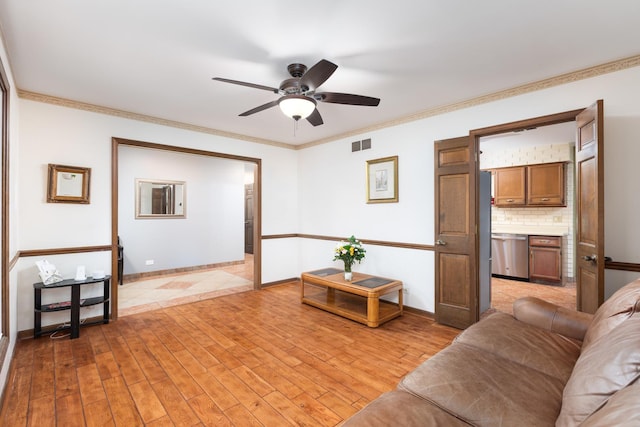 1386 Old Dominion Ct, Naperville, IL 60540 - living area featuring ceiling fan, light wood-style floors, and crown molding
