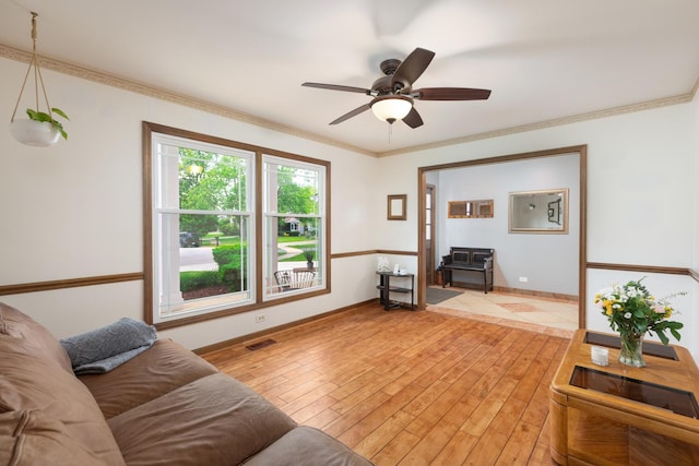 1386 Old Dominion Ct, Naperville, IL 60540 - living room with light wood finished floors, a ceiling fan, and crown molding