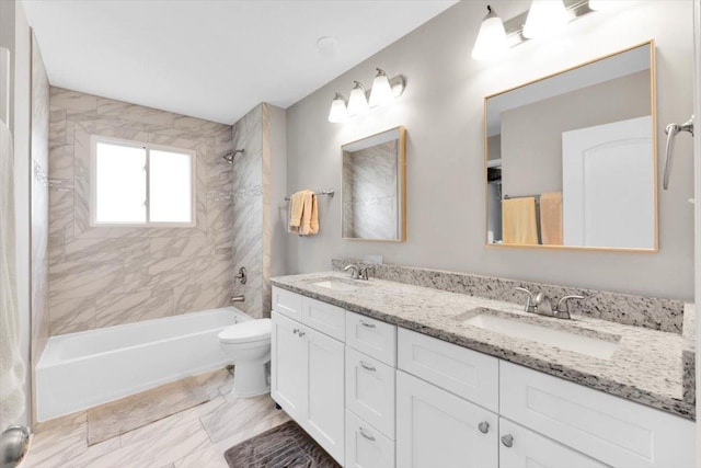1259 Durham Dr, Wheaton, IL 60189 - full bathroom featuring double vanity, shower / tub combo with curtain, and marble look tiles