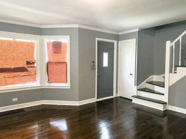 8517 S Wallace St, Chicago, IL 60620 - foyer with stairs, wood finished floors, and ornamental molding