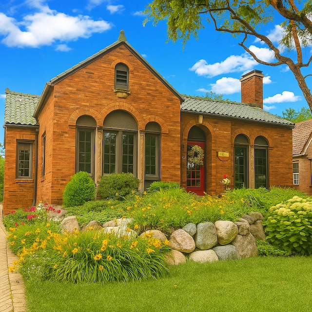 210 Berry Pkwy, Park Ridge, IL 60068 - view of front of property with a chimney, brick siding, and a tile roof
