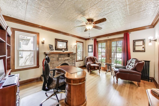 210 Berry Pkwy, Park Ridge, IL 60068 - home office featuring wood finished floors, a fireplace, a ceiling fan, ornamental molding, and an ornate ceiling