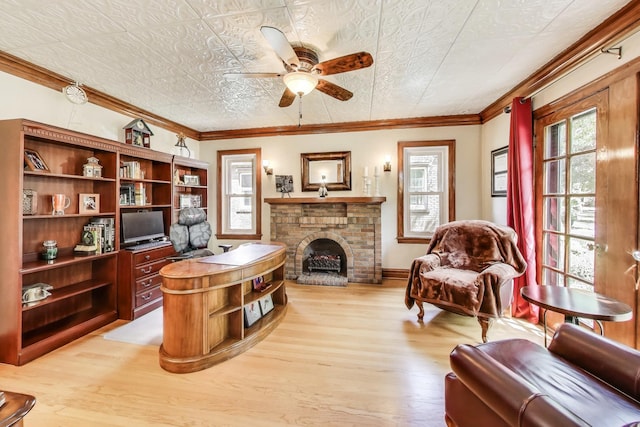 210 Berry Pkwy, Park Ridge, IL 60068 - office space with light wood-type flooring, a ceiling fan, a brick fireplace, and ornamental molding