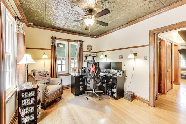 210 Berry Pkwy, Park Ridge, IL 60068 - home office with a ceiling fan, an ornate ceiling, wood finished floors, and crown molding