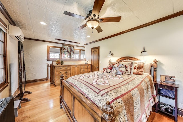 210 Berry Pkwy, Park Ridge, IL 60068 - bedroom with an AC wall unit, ornamental molding, a textured wall, light wood-style flooring, and recessed lighting