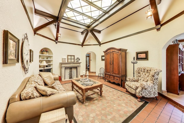 210 Berry Pkwy, Park Ridge, IL 60068 - living area with arched walkways, built in features, a high ceiling, and tile patterned floors