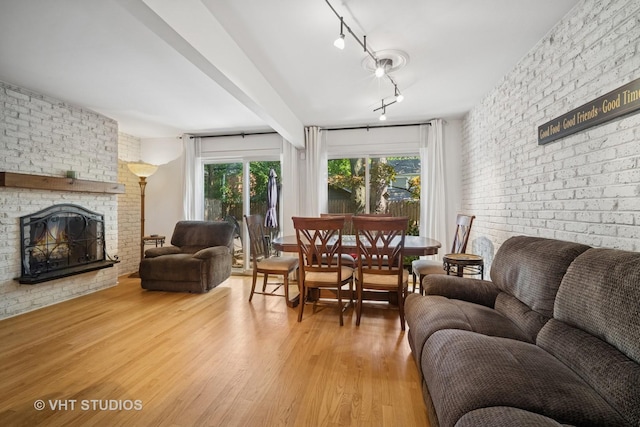 313 Hawthorn Ave Unit F, Glencoe, IL 60022 - living room with plenty of natural light, wood finished floors, rail lighting, a fireplace, and brick wall
