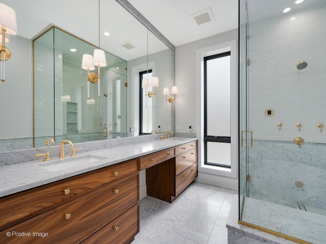 2832 N Racine Ave Unit 2W, Chicago, IL 60657 - bathroom with double vanity and a stall shower