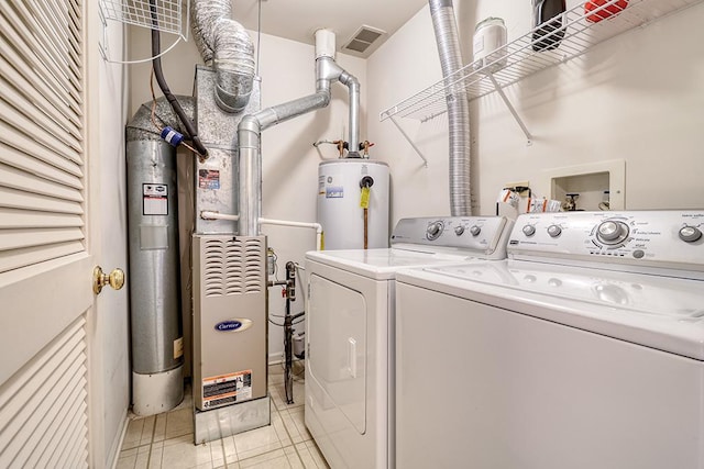 8156 Ripple Ridge Dr, Darien, IL 60561 - laundry area featuring washer and dryer, water heater, light tile patterned flooring, and heating unit
