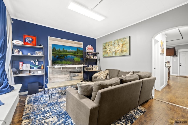 1336 Euclid Ave, Berwyn, IL 60402 - living area with arched walkways, crown molding, and hardwood / wood-style flooring