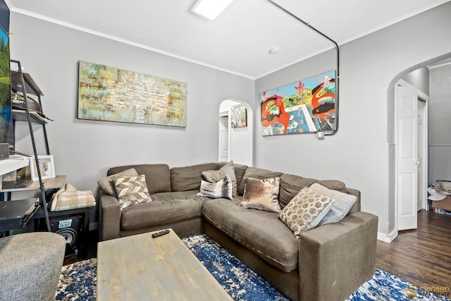 1336 Euclid Ave, Berwyn, IL 60402 - living room featuring arched walkways, wood finished floors, and crown molding