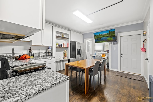 1336 Euclid Ave, Berwyn, IL 60402 - kitchen featuring crown molding, white cabinets, stainless steel fridge with ice dispenser, light stone counters, and dark wood-style flooring
