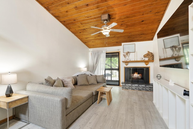 14515 Central Ct Unit Ph1, Oak Forest, IL 60452 - living area with lofted ceiling, wooden ceiling, ceiling fan, a warm lit fireplace, and wood finished floors