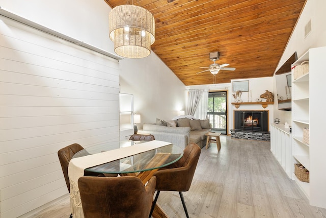 14515 Central Ct Unit Ph1, Oak Forest, IL 60452 - dining room featuring wooden ceiling, high vaulted ceiling, a lit fireplace, wood finished floors, and ceiling fan