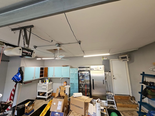 1506 Saddle Run Ln, Beecher, IL 60401 - garage with freestanding refrigerator, a garage door opener, a ceiling fan, and fridge