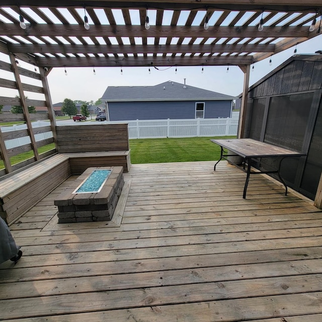 1506 Saddle Run Ln, Beecher, IL 60401 - wooden terrace featuring an outdoor fire pit, a fenced backyard, and a pergola