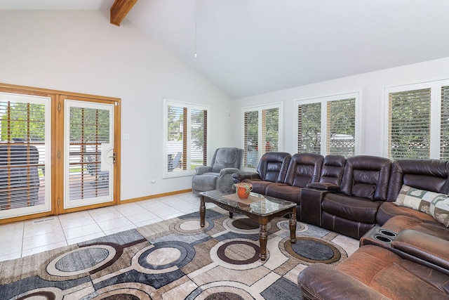 8124 Glenbrook Pl, Tinley Park, IL 60487 - living room featuring high vaulted ceiling, beamed ceiling, and light tile patterned floors