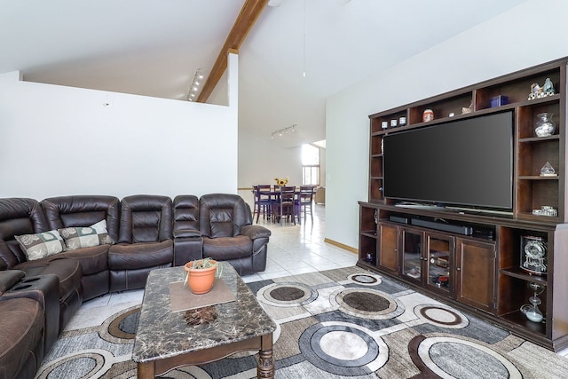 8124 Glenbrook Pl, Tinley Park, IL 60487 - living area featuring high vaulted ceiling, beam ceiling, and light tile patterned flooring