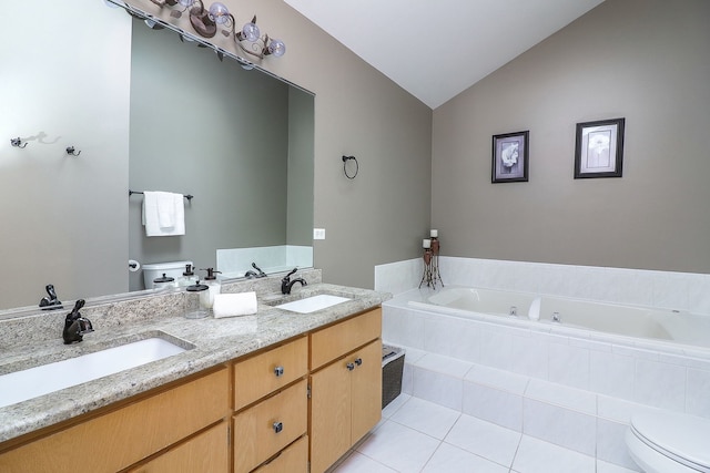 8124 Glenbrook Pl, Tinley Park, IL 60487 - bathroom featuring vaulted ceiling, a bath, tile patterned floors, and double vanity