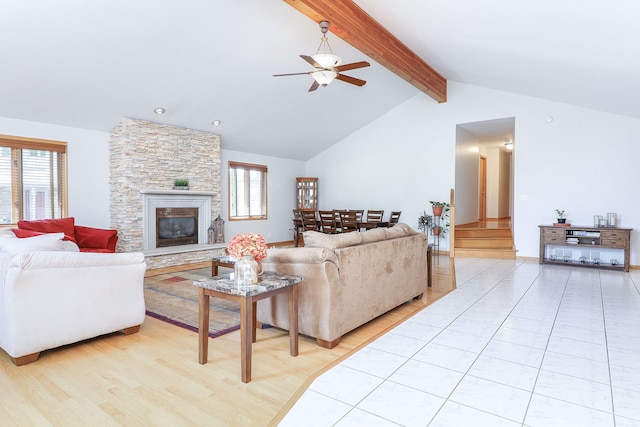 8124 Glenbrook Pl, Tinley Park, IL 60487 - living area with a ceiling fan, light wood-type flooring, and a stone fireplace