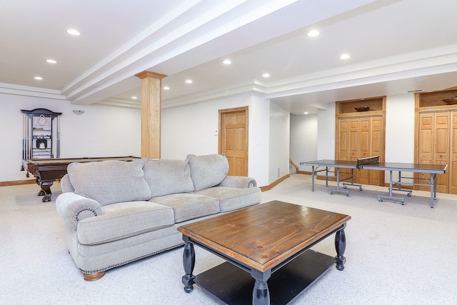 8124 Glenbrook Pl, Tinley Park, IL 60487 - living area featuring recessed lighting, light colored carpet, ornate columns, stairway, and billiards table