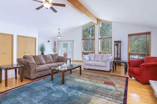 8124 Glenbrook Pl, Tinley Park, IL 60487 - living area featuring wood finished floors, ceiling fan, beam ceiling, and high vaulted ceiling