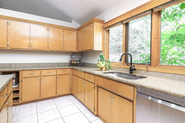 8124 Glenbrook Pl, Tinley Park, IL 60487 - kitchen with stainless steel dishwasher, light marble finish flooring, lofted ceiling, and light stone counters