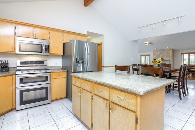 8124 Glenbrook Pl, Tinley Park, IL 60487 - kitchen with stainless steel appliances, light marble finish flooring, high vaulted ceiling, a center island, and beamed ceiling