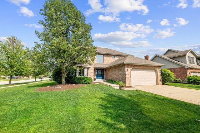 1215 Pendleton Dr, Lemont, IL 60439 - view of front of house with brick siding, an attached garage, concrete driveway, and a front lawn