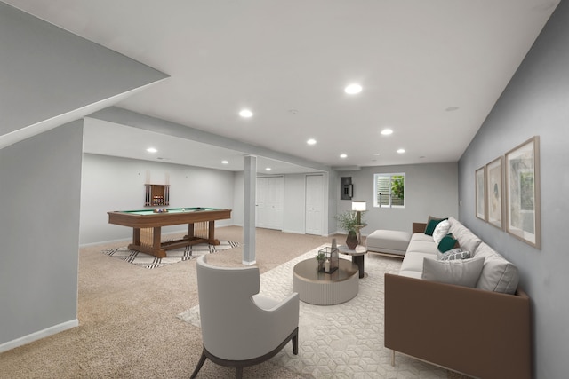 1215 Pendleton Dr, Lemont, IL 60439 - living room featuring billiards, recessed lighting, and light carpet