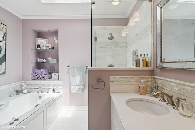 401 S Carlyle Pl, Arlington Heights, IL 60004 - bathroom with ornamental molding, vanity, tiled shower, a bath, and tile patterned floors
