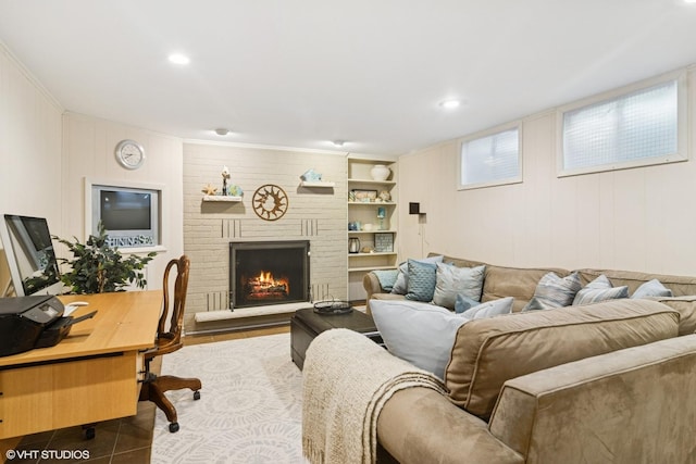 401 S Carlyle Pl, Arlington Heights, IL 60004 - living room featuring ornamental molding, a fireplace, and built in features
