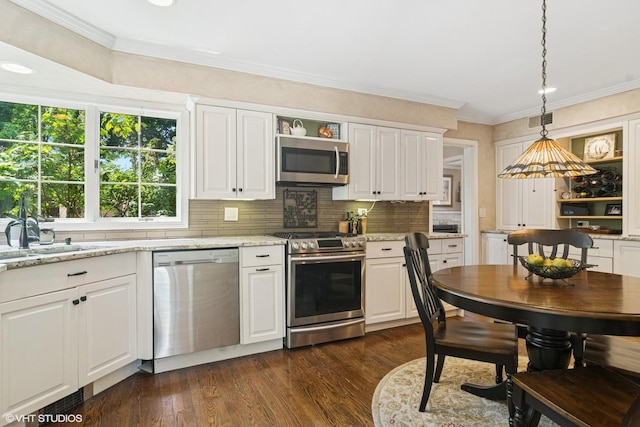 401 S Carlyle Pl, Arlington Heights, IL 60004 - kitchen featuring appliances with stainless steel finishes, open shelves, decorative backsplash, white cabinets, and pendant lighting