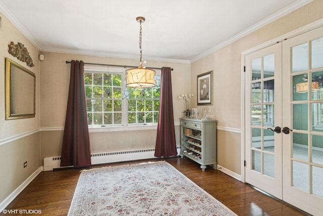 401 S Carlyle Pl, Arlington Heights, IL 60004 - dining space with french doors, dark wood-style floors, crown molding, and a baseboard radiator