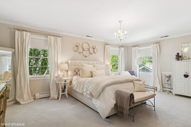 401 S Carlyle Pl, Arlington Heights, IL 60004 - bedroom with a chandelier, a baseboard heating unit, light colored carpet, ornamental molding, and a baseboard radiator