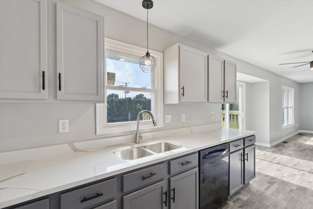 113 New Brunswick Ln, Poplar Grove, IL 61065 - kitchen featuring dishwasher, gray cabinetry, hanging light fixtures, and light stone countertops