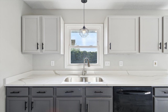 113 New Brunswick Ln, Poplar Grove, IL 61065 - kitchen featuring dishwasher, gray cabinets, pendant lighting, and light stone countertops
