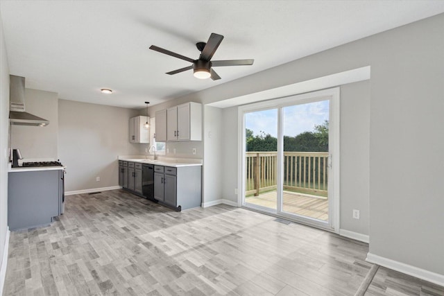 113 New Brunswick Ln, Poplar Grove, IL 61065 - kitchen featuring dishwasher, gray cabinetry, wall chimney range hood, light wood finished floors, and a ceiling fan