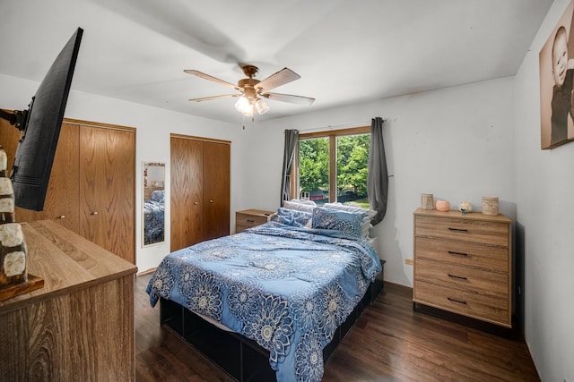 13460 185th St, Mokena, IL 60448 - bedroom with dark wood-style floors, multiple closets, and a ceiling fan