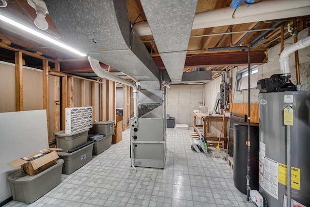 13460 185th St, Mokena, IL 60448 - basement featuring gas water heater, tile patterned floors, and heating unit
