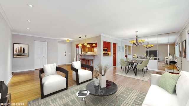 4700 Old Orchard Rd Unit 310, Skokie, IL 60076 - living area with light wood-style flooring, a chandelier, a baseboard heating unit, ornamental molding, and recessed lighting